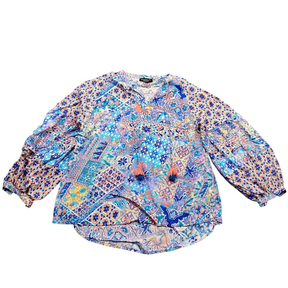 Feathers by Tolani Womens Blue Pink Mosaic Print Boho Tassel Blouse Top Large